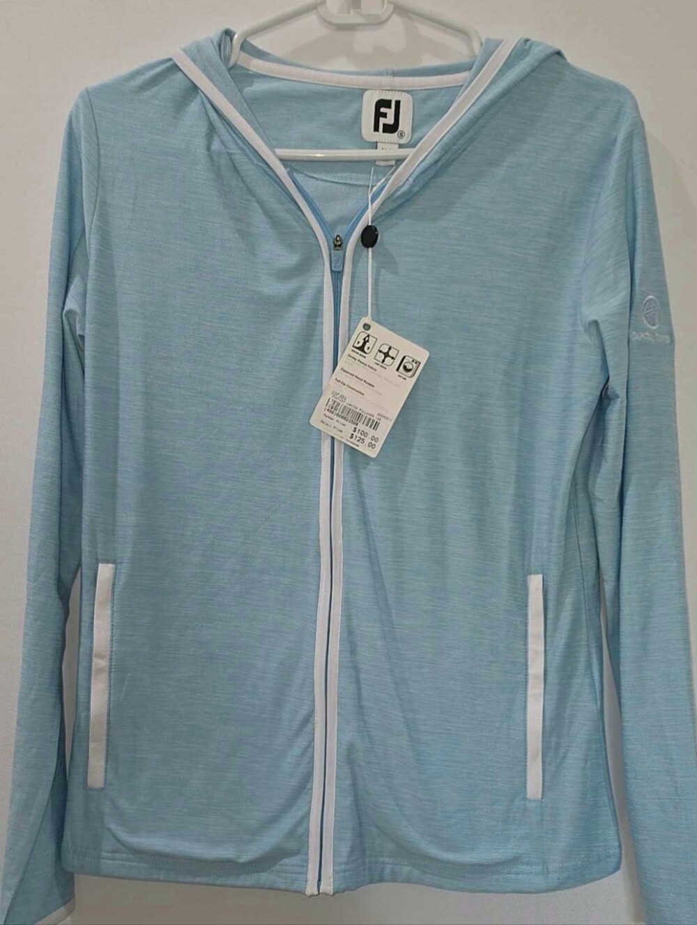 NWT FootJoy Women’s Full Zip Hoodie Jacket Small Light Blue White Trim Golf